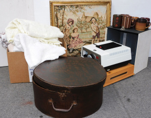 Mixed Group lot inc Box vintage Tablecloths, Vintage Hat Box, Ceramic Mugs, Gilt