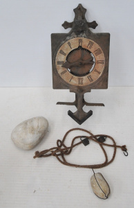 Vintage Handmade Wooden Clock w Natural Stone Weights - Made in Spain