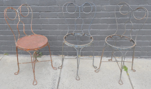 Lot 1 - 3 x Vintage 1920s Caf Chairs - Twisted Wrought iron w Owl Face Backrest