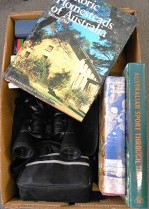 Lot 28 - Mixed Box lot inc 2 x Binoculars - Saxon & Optus, Reference Books