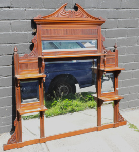 Lot 31 - Edwardian Cedar Mirrored Overmantle - Shelves either side of central mi