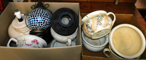 Lot 36 - 2 x Boxes inc Aust Pottery Hoffman & English Chamber pots, Lamps &a