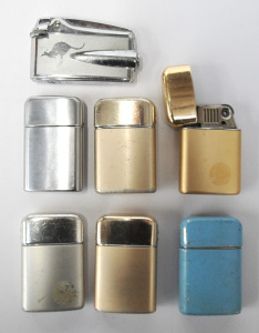 Lot 53 - 7 x Vintage Ronson Cigarette Lighters - incl Blue Painted, Anodised Gol