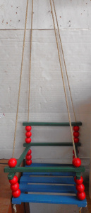 Lot 76 - Vintage Colourful Wooden Kids hanging Swing - Green Red & Blue w al