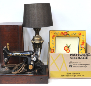 Lot 79 - Group Lot Mixed Items - incl Singer Sewing Machine, Table Lamp, Glass,