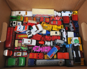 Lot 81 - Box lot of Assorted Vintage Diecast Vehicles incl Trucks, Paramedics, F