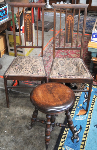 Lot 84 - Small group - Pair dainty c1900 High Back dining chairs w Inlaid desig