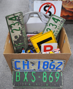 Lot 87 - Box of Assorted Automotive Related Items incl License Plates, RC Car, B