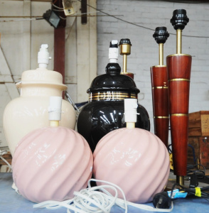 Lot 103 - Group lot - 1980s Ceramic& wooden Lamps - Pair pink Ball shaped w