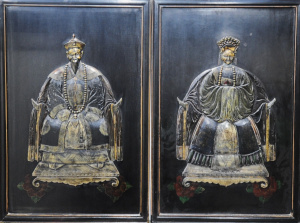 Lot 120 - Pair large Chinese Panels Featuring Ancestral Portraits of Man & W