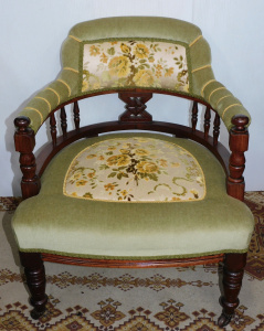 Lot 127 - Edwardian Tub Chair - Pal green velvet with floral inserts & braid