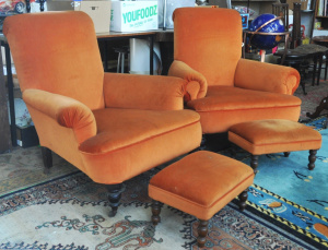 Lot 129 - Pair Vintage 1930s Arm Chairs w matching Foot stools - peach coloured