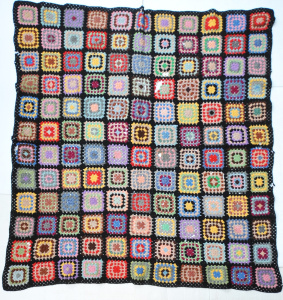 Lot 143 - 2 x Vintage Hand Crocheted colourful Woolen Patchwork Rugs - some hole