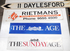 Lot 145 - 4 x Metal signs, incl The Age, Sunday Age, 11 Kms Daylesford, etc