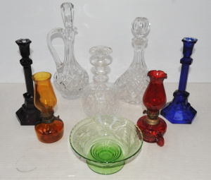 Lot 182 - Group lot of Vintage Glass inc Classical Diamond cut decanters, Etched