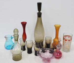 Lot 191 - Lot of Coloured Glass Pieces incl Polish Smokey Glass Liqueur Set, Blu