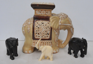 Lot 198 - Small Lot of Elephants incl Ceramic Pedestal Elephant, 2 x Ebony Carve