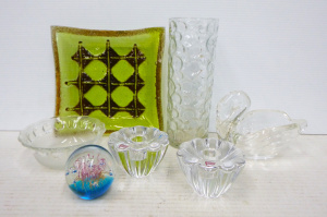 Lot 242 - Group lot of Modernist Glass inc, Orrefors candle holders, vase, paper