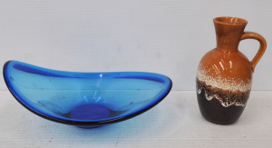 Lot 246 - 2 x Pieces MCM Glass & Pottery - Blue Art Glass Bowl w 1 upturned