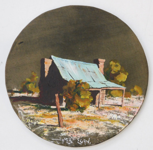 Lot 249 - James Egan (1929 - 2017) Oil painting on Leather - Country bush homest