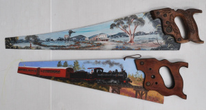 Lot 255 - 2 x Hand Painted Hand Saws One w Image of Puffing Billy by Jenny Putts