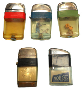 Lot 263 - Group Vintage Scripto See-thru Vu-lighters, incl dice, hunting theme,