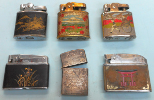 Lot 287 - Group lot Japanese themed Cigarette Lighters, incl Sterling Silver zip