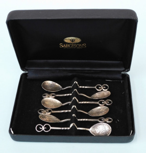 Lot 299 - Boxed Set of 6 Sterling Silver Spoons by Sargisons Hobart - Scrolled S