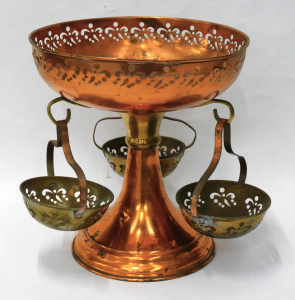 Lot 313 - Vintage Copper & Brass pierced Pedestal Bon Bon Bowl with three ha