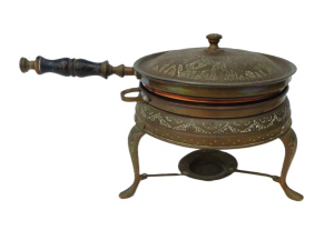 Lot 327 - Vintage Eastern Copper warming pan with stand, stylised camel, donkey