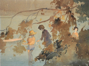 Artist Unknown Unframed c1920 - 30s Watercolour - Figures by the River - unsigne