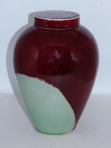 Chris Sanders Australian Pottery Lidded Vessel Deep Red mottle and Celadon crack