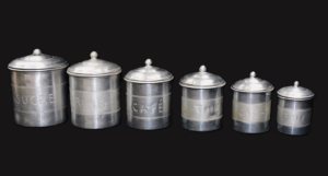 Set of Six vintage Aluminim graduating cannister - Etched French lettering 12cm