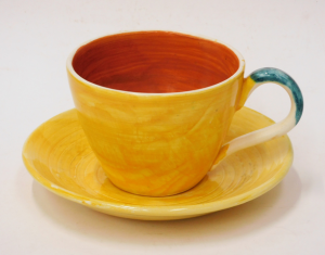 Vintage AMB - Boyd Australian Pottery Cup & Saucer Yellow glaze w Green han