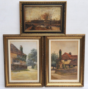 3 x unsigned c1900 paintings - Pair gilt framed Watercolours 'Country Cottages'