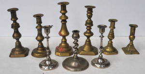 9 x Vintage Assorted Brass & Chrome Candlesticks