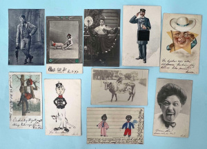 10 x c1900 + novelty postcards, gollies, boy riding cow, characters, etc