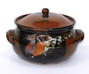 Reg Preston Australian Pottery Lidded Vessel with Peacock to front & back -