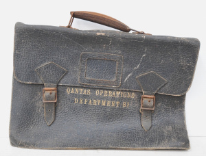 Vintage Leather Satchel w Gilded text to front 'Qantas Operations Department S1