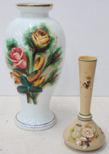 2 x Hpainted Victorian Glass Vases incl Large milk glass w Enamel Decoration 29c