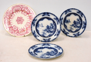 4 vintage English China Cabinet plates inc 3 x c1910 Flow Blue Spode - Landscape