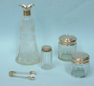 5 pces English Hallmarked sterling silver inc Sterling lidded Glass Jars, Sugar