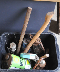 Box Lot of Assorted Tools & Tins incl Axes, Oil Lamps, Assorted Hardware etc