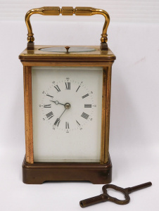 c1839 French L' epee Brass Repeater Carriage clock with Key, faceted glass to al