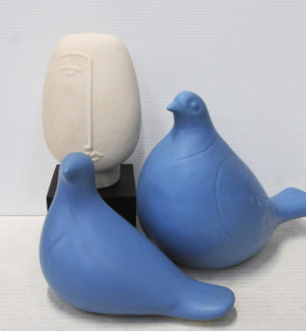 Group lot - Modernist Ceramics - stylised Bust on Stand + 2 x Blue glazed Bird f