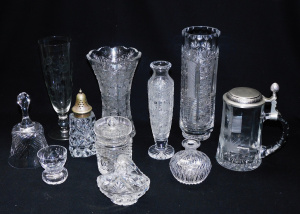 Group lot of Crystal & Glass inc Sugar Sifter w EPNS lid, Vases, Basket Lidd