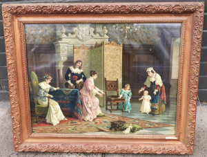 Viictorian framed Chromolithograph interior scene with figures - ornate carved w