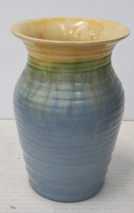 Vintage Remued Australian pottery Vase w Ribbed Design & Blue, Green and Cre