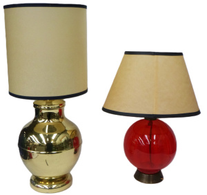 2 x 1980s Lamps inc Red Glass Ball shaped on brass base with Oval cream black tr