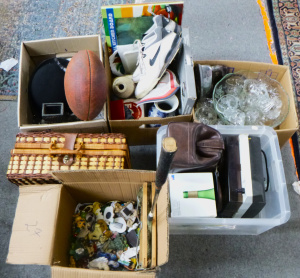 5 x boxes - assorted items inc, bowls bag, picnic basket with contents, pottery,